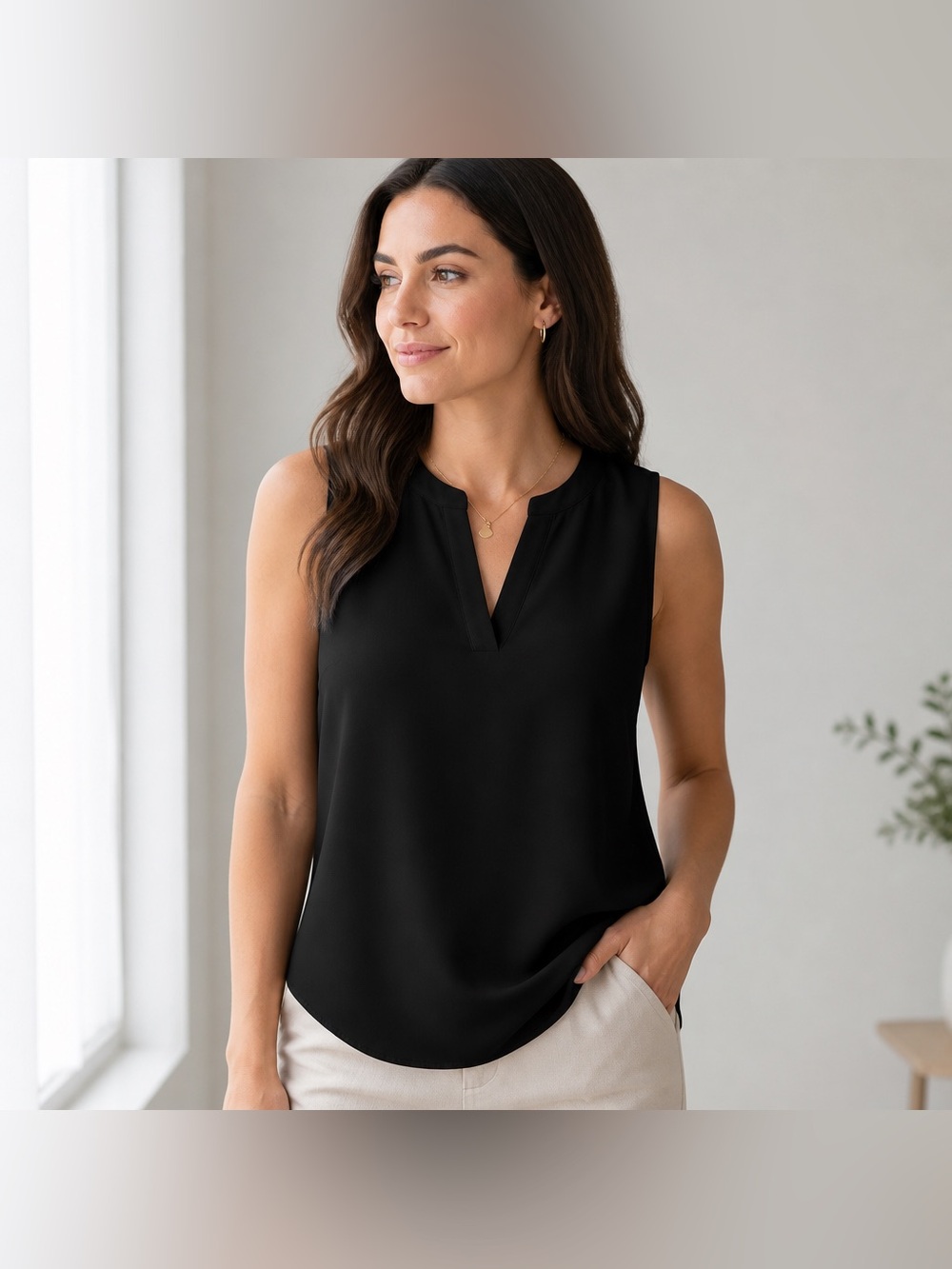 Maurices Sleeveless Black V-Neck Blouse Size M | Curved Hem Lightweight Top
